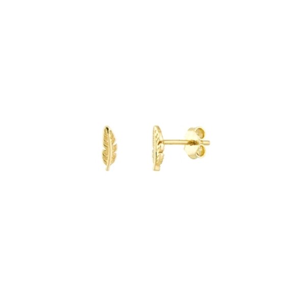 14K Solid Yellow Gold Mini Feather Baby Stud Earrings
